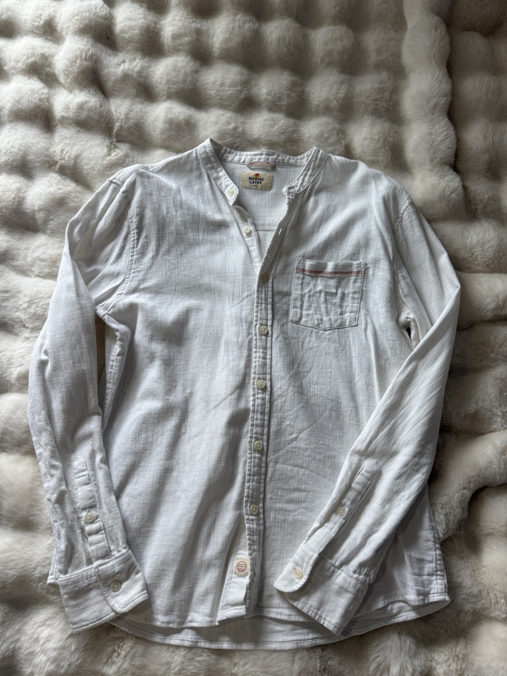 Marine Layer Linen White Band-Collar Button-Front Shirt
